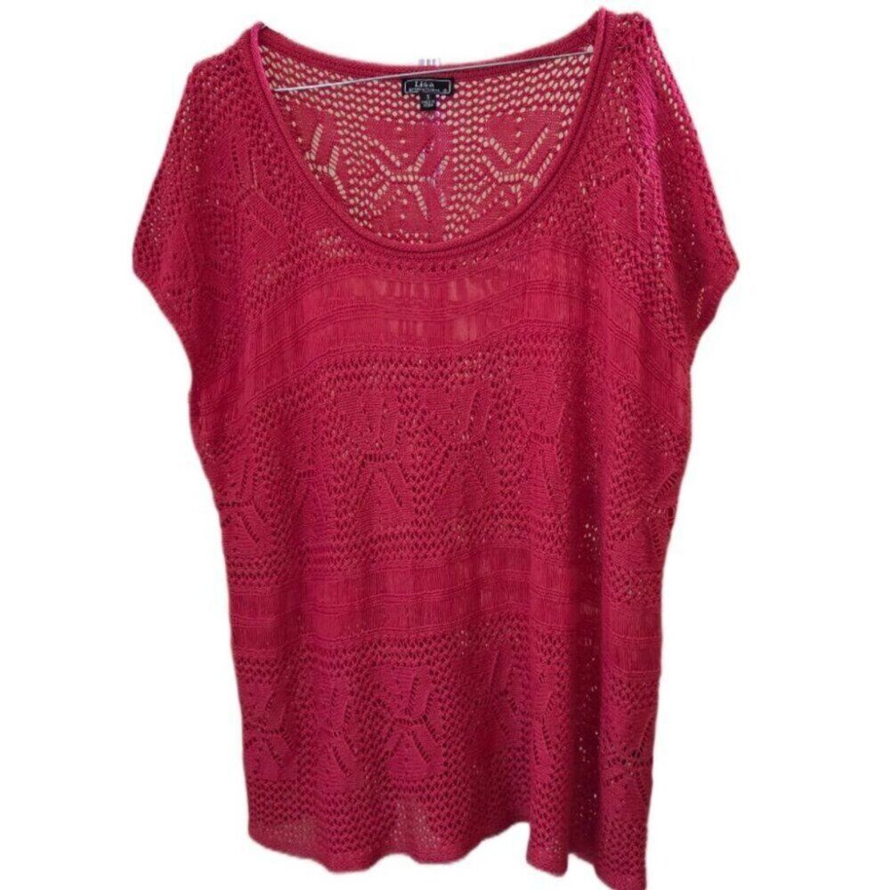 Lisa International Dark Pink Short Sleeve Crochet See Through Light Sweater